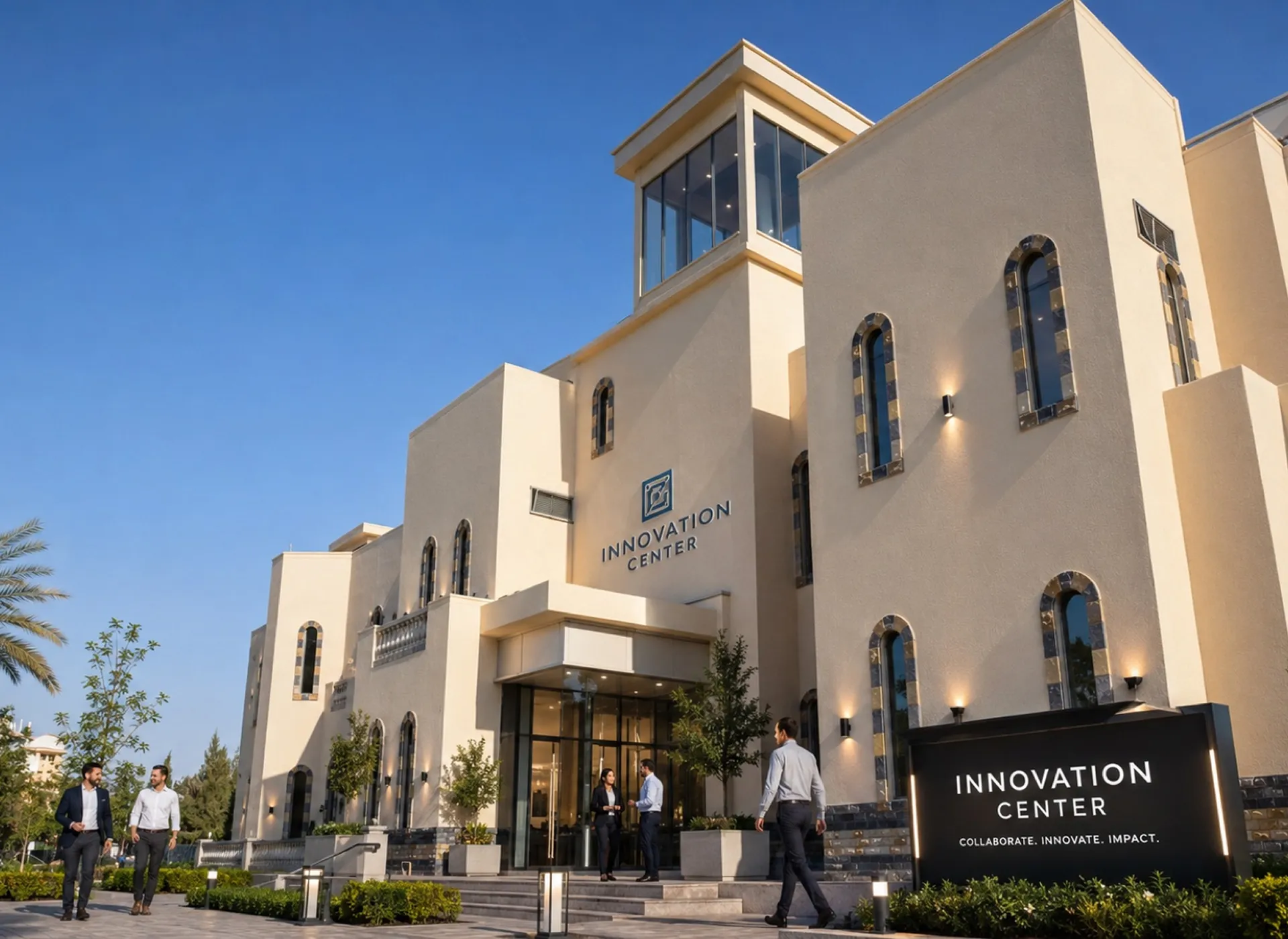 Arab City Melaka — Innovation Center exterior with arched windows and glass-fronted entrance