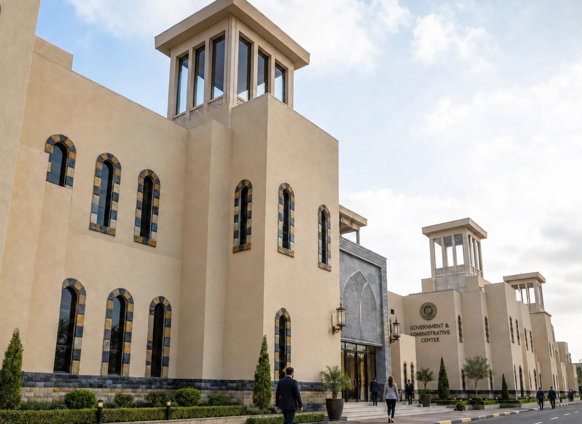Arab City Melaka — Commercial & office building exterior with arched windows and landscaped grounds