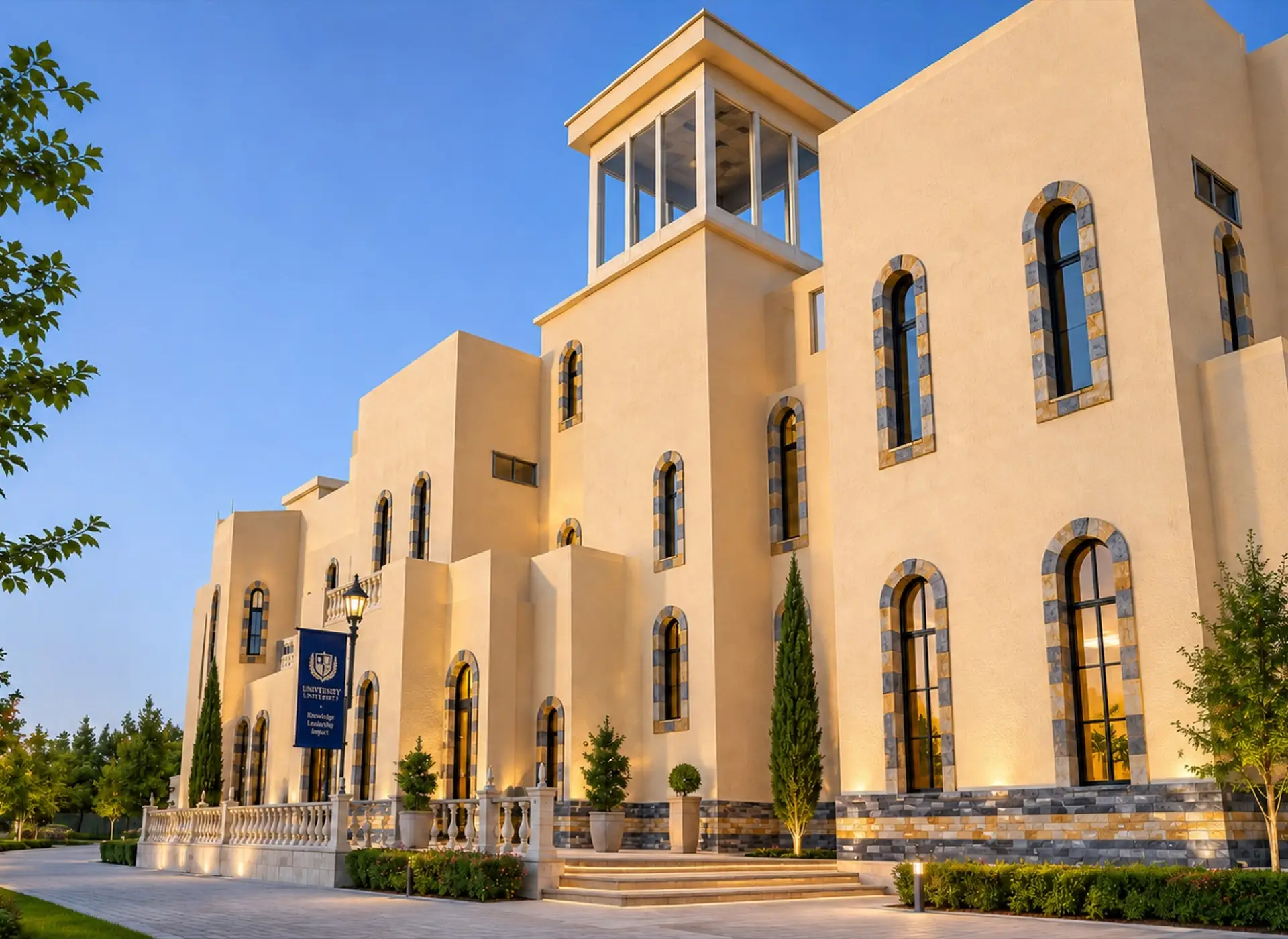 Arab City Melaka — University campus building with arched windows and stone accents