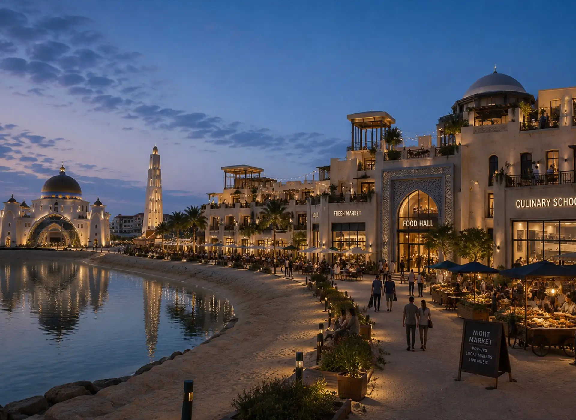 Arab City Melaka — Waterfront food hall, fresh market and culinary school with Islamic-influenced architecture at dusk